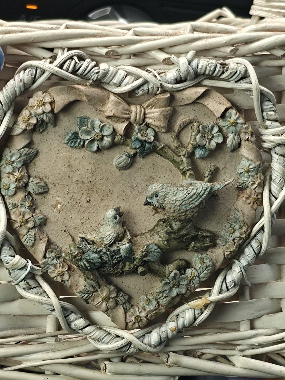 Vintage Rustic Basket Woven Wicker Ceramic Heart Farmhouse Cottage Shabby Chic